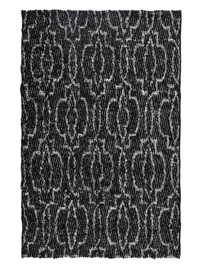 Black and white patterned jute rug, hand woven in bhadohi