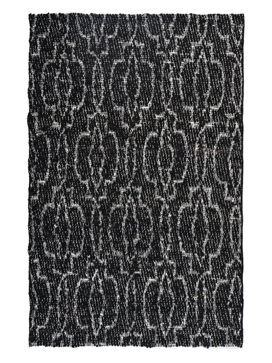Black and white patterned jute rug, hand woven in bhadohi