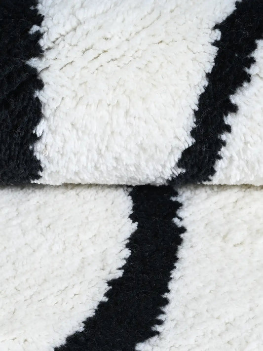 Close-up of a black and white wool rug