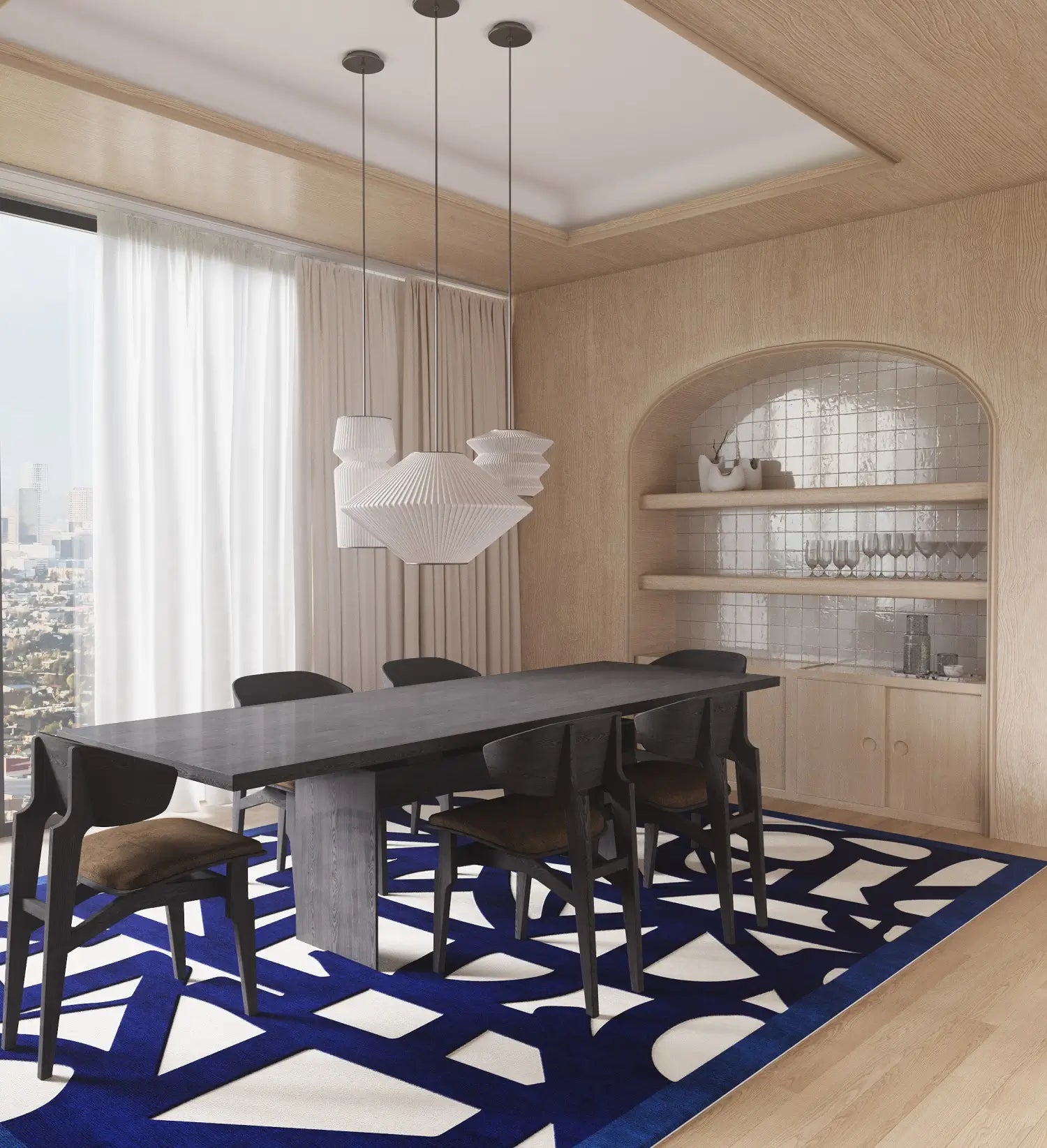 Modern dining room with a long table and chairs on a blue geometric hand tufted wool rug.