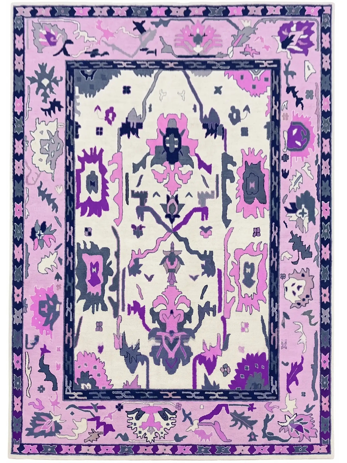 hand knotted wool area rug with a traditional ornamental pattern