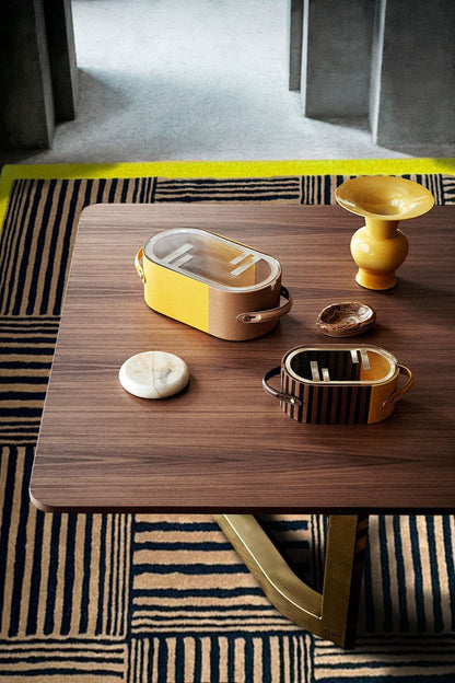 strip pattern wool rug with yellow border