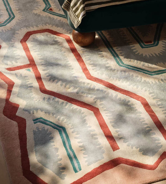 Close-up of a patterned rug with geometric design