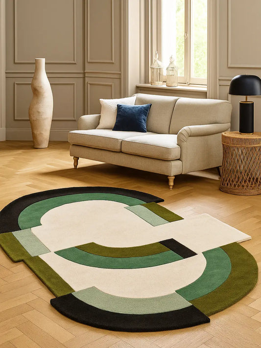 hand tufted shaped rug in living room
