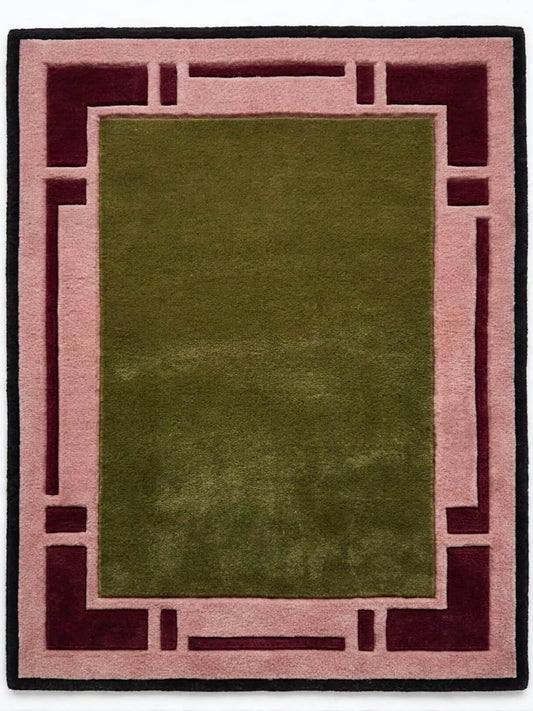 hand tufted indian wool area rug with a central olive green field