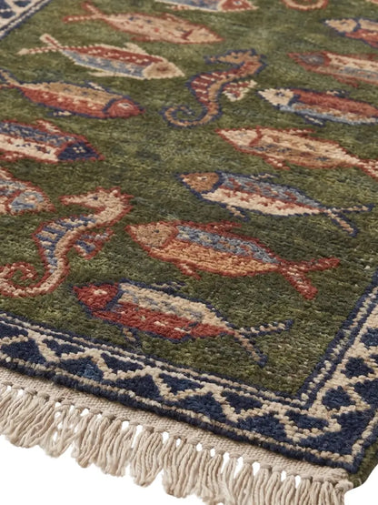 A close-up of a patterned runner rug, hand knotted