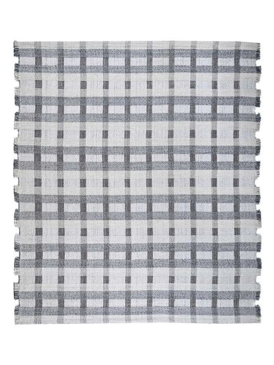 A square woven textile with a gray and white plaid pattern