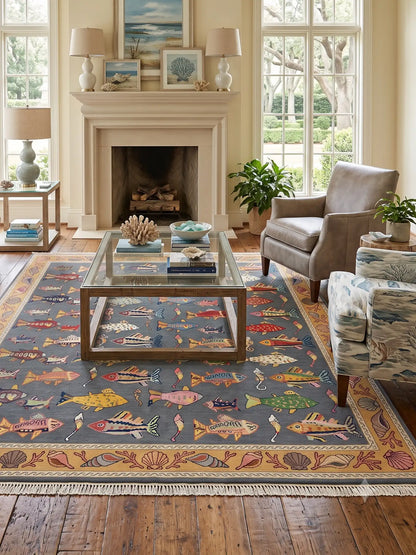 A large rectangular area rug with a colorful fish pattern in living room