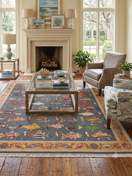 A large rectangular area rug with a colorful fish pattern in living room