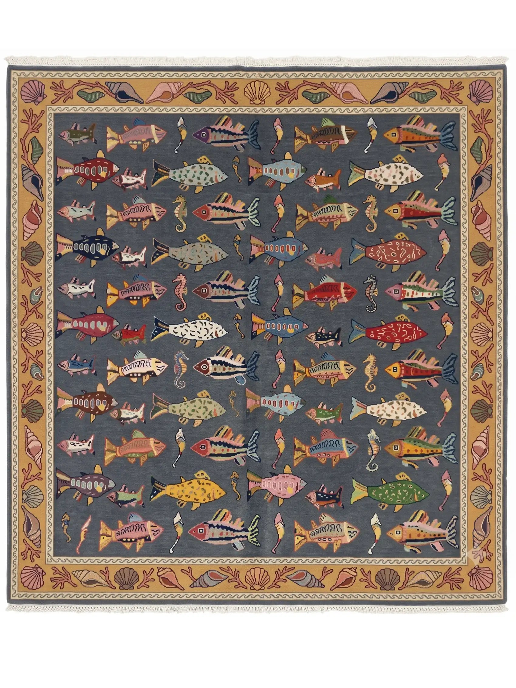 hand knotted area rug with colorful fish patterns