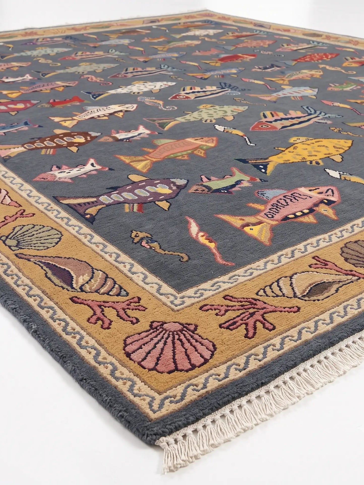 hand knotted wool area rug corner close up