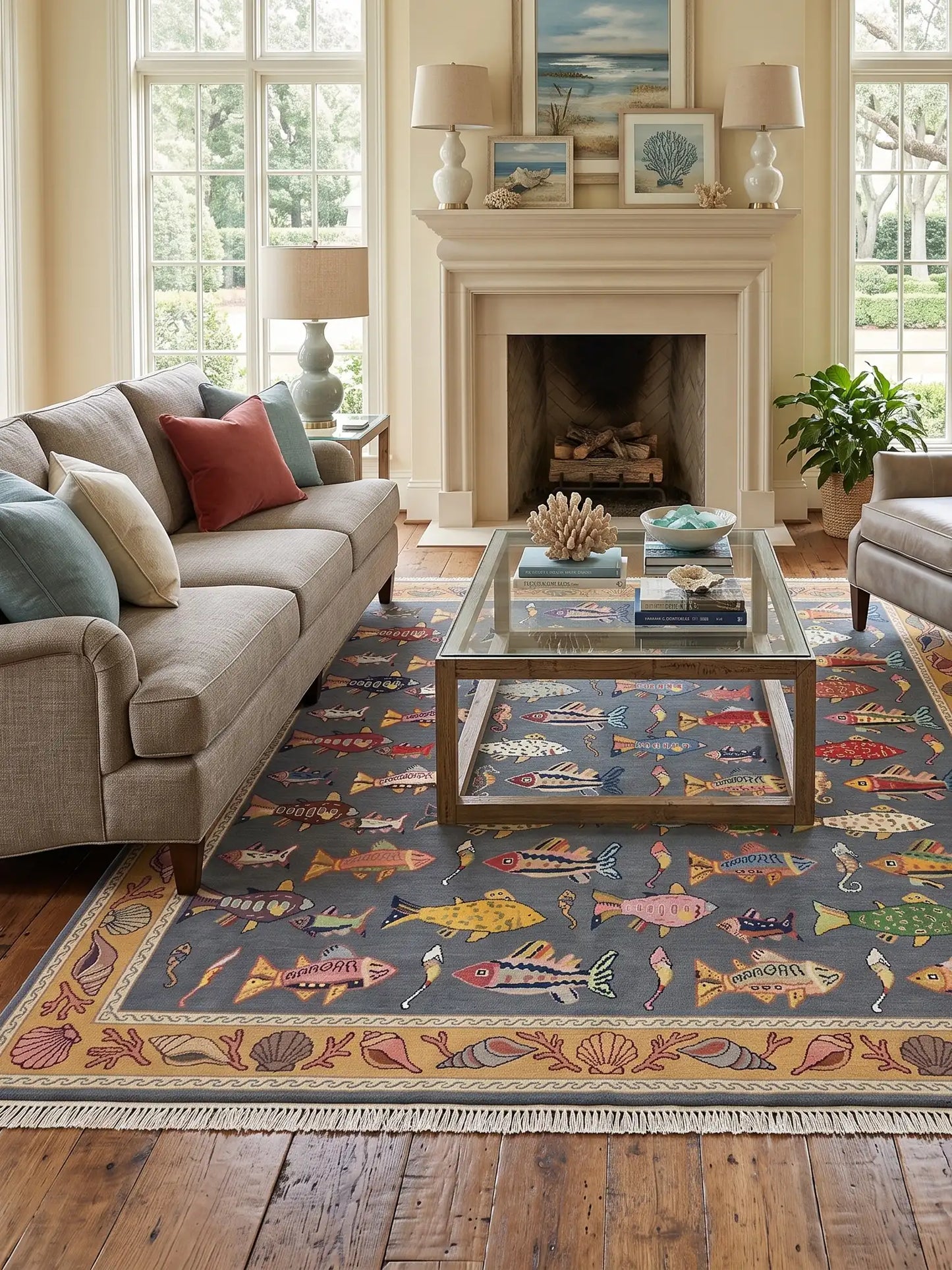 A rectangular hand knotted area rug in living room