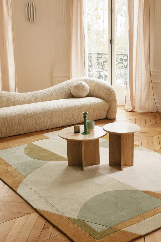 geometric wool rug in a modern living room