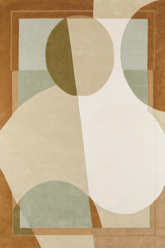 Abstract tufted wool rug with geometric shapes design