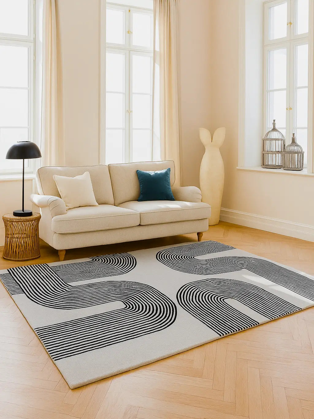 black and white striped pattern rug in modern living room