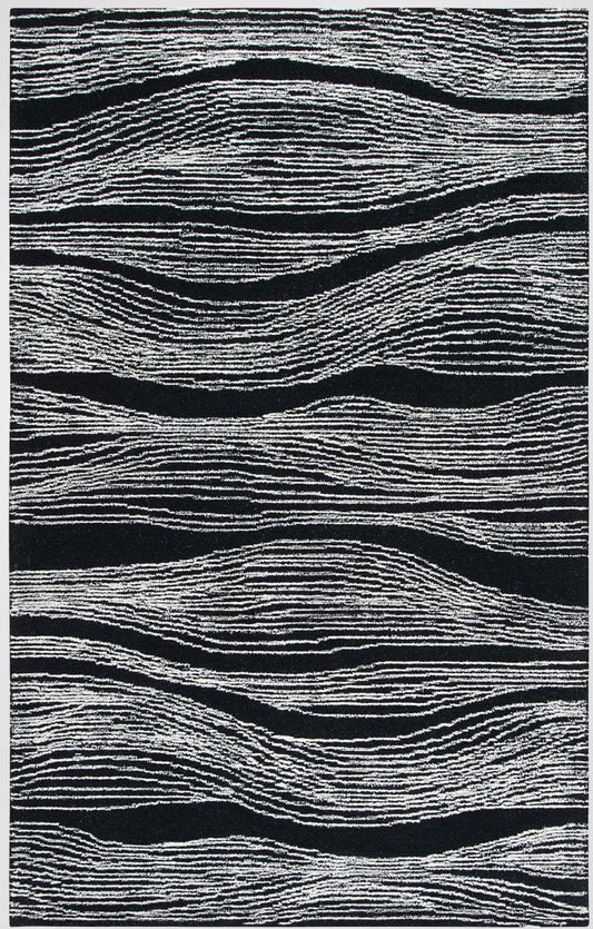hand tufted wool rug with white wave lines