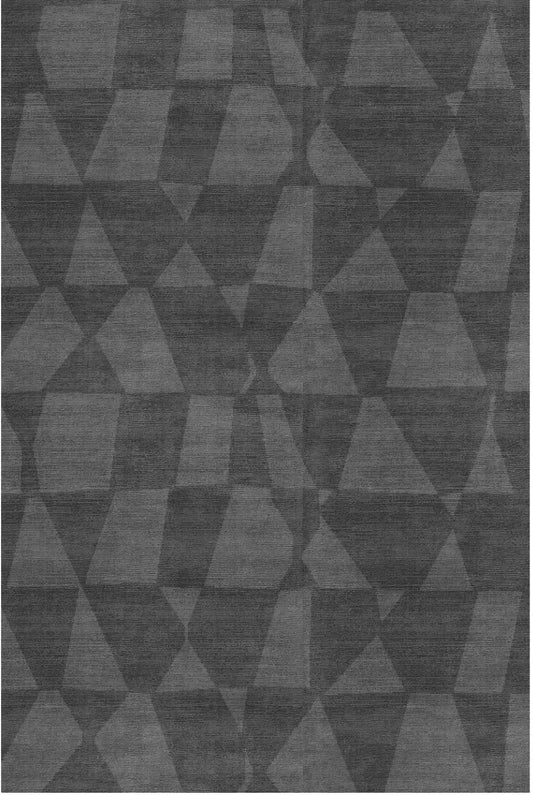 Geometric patterned hand tufted wool rug with triangles in various shades of gray.