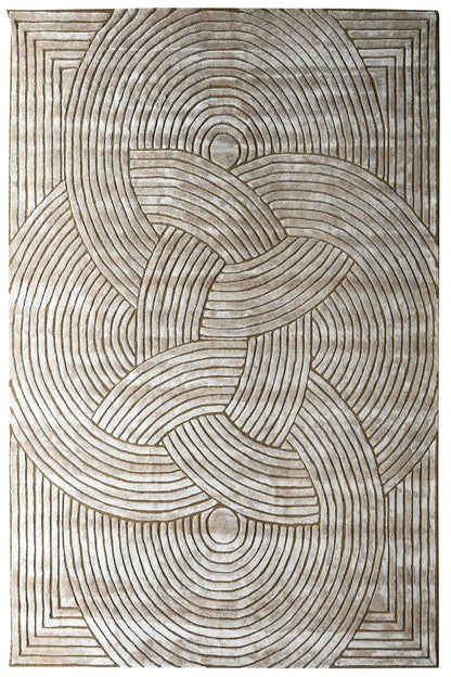 beige hand tufted silk rug with circular geometric pattern