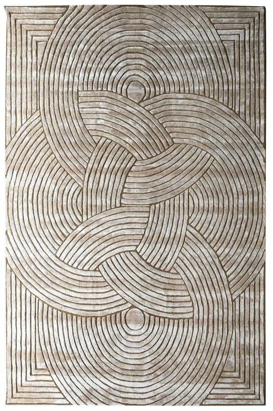 beige hand tufted silk rug with circular geometric pattern