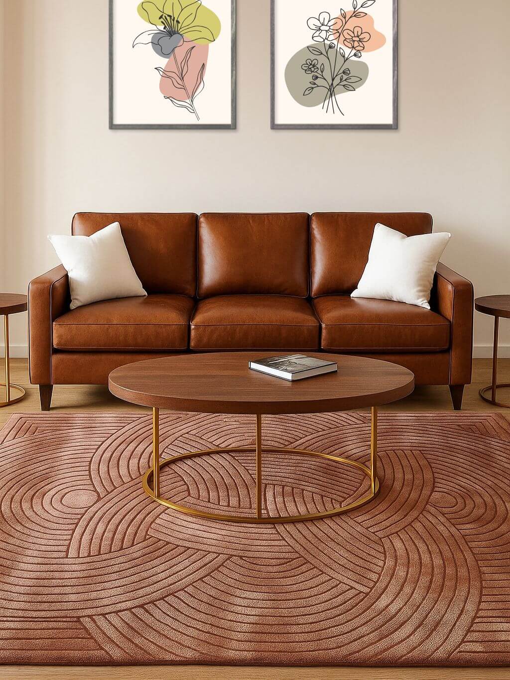 brown hand tuffted silk rug in living room