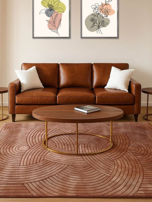 brown hand tuffted silk rug in living room