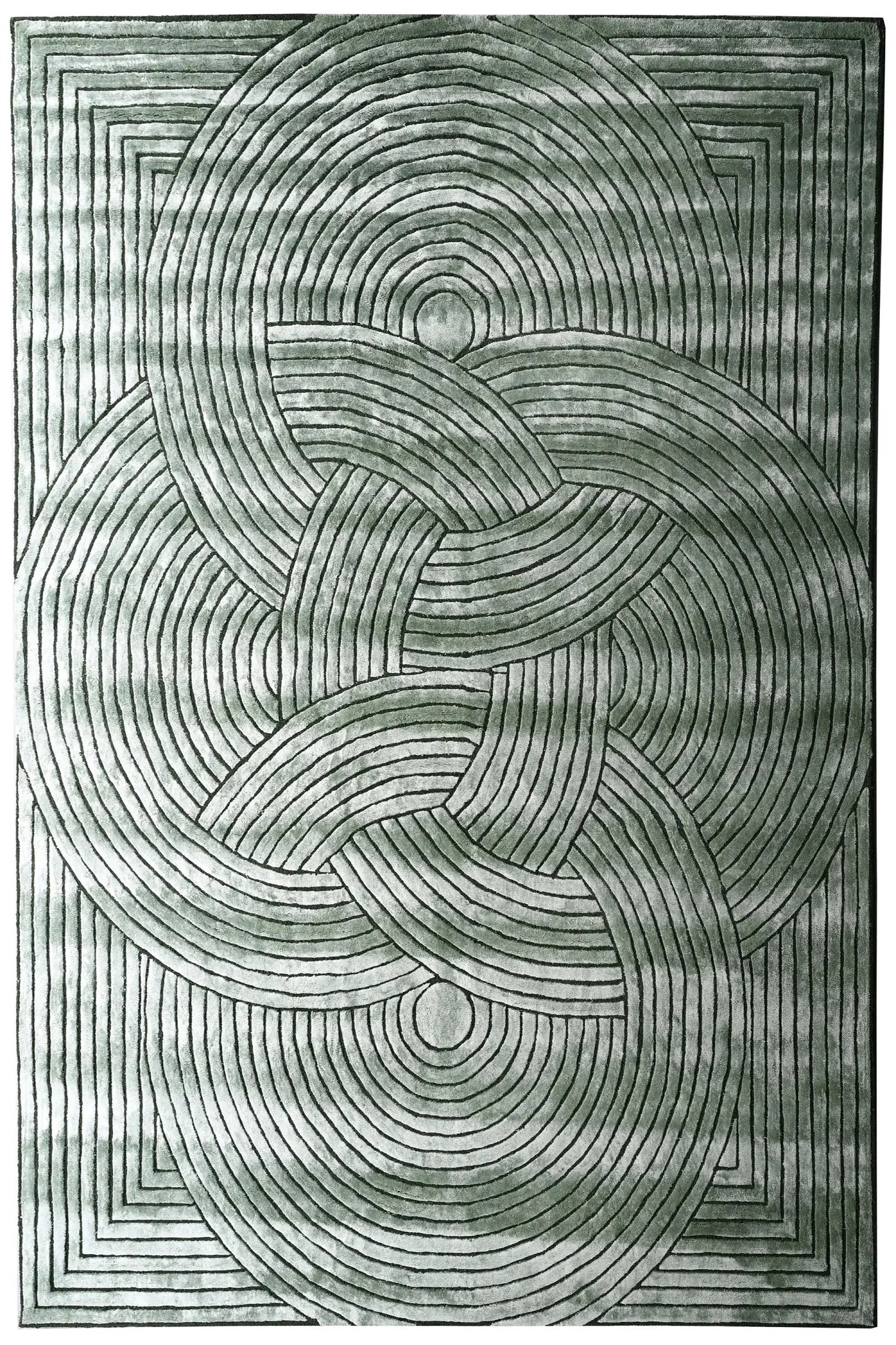 gray geometric patterned silk rug with concentric circles and wavy lines