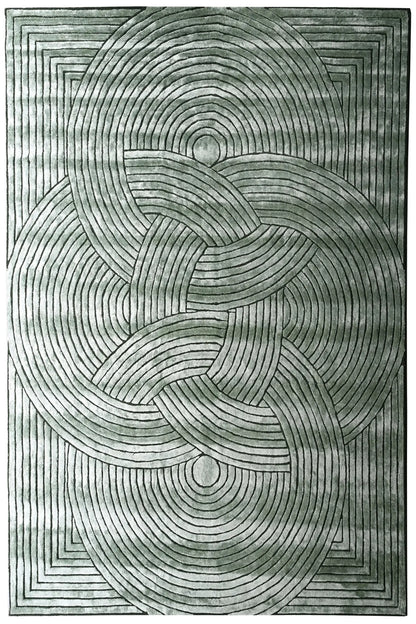 gray geometric patterned silk rug with concentric circles and wavy lines