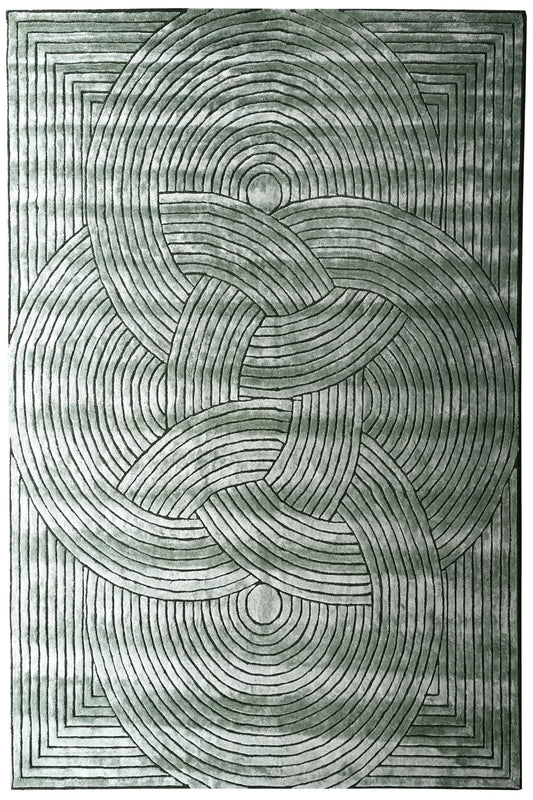 gray geometric patterned silk rug with concentric circles and wavy lines