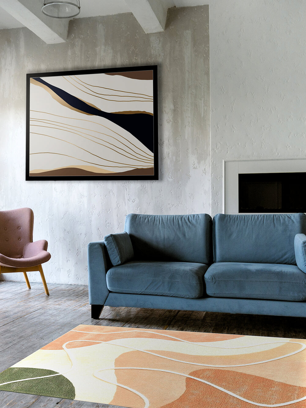 Living room with handtufted multi colour wool rug, a blue sofa, pink armchair, and abstract art on the wall.