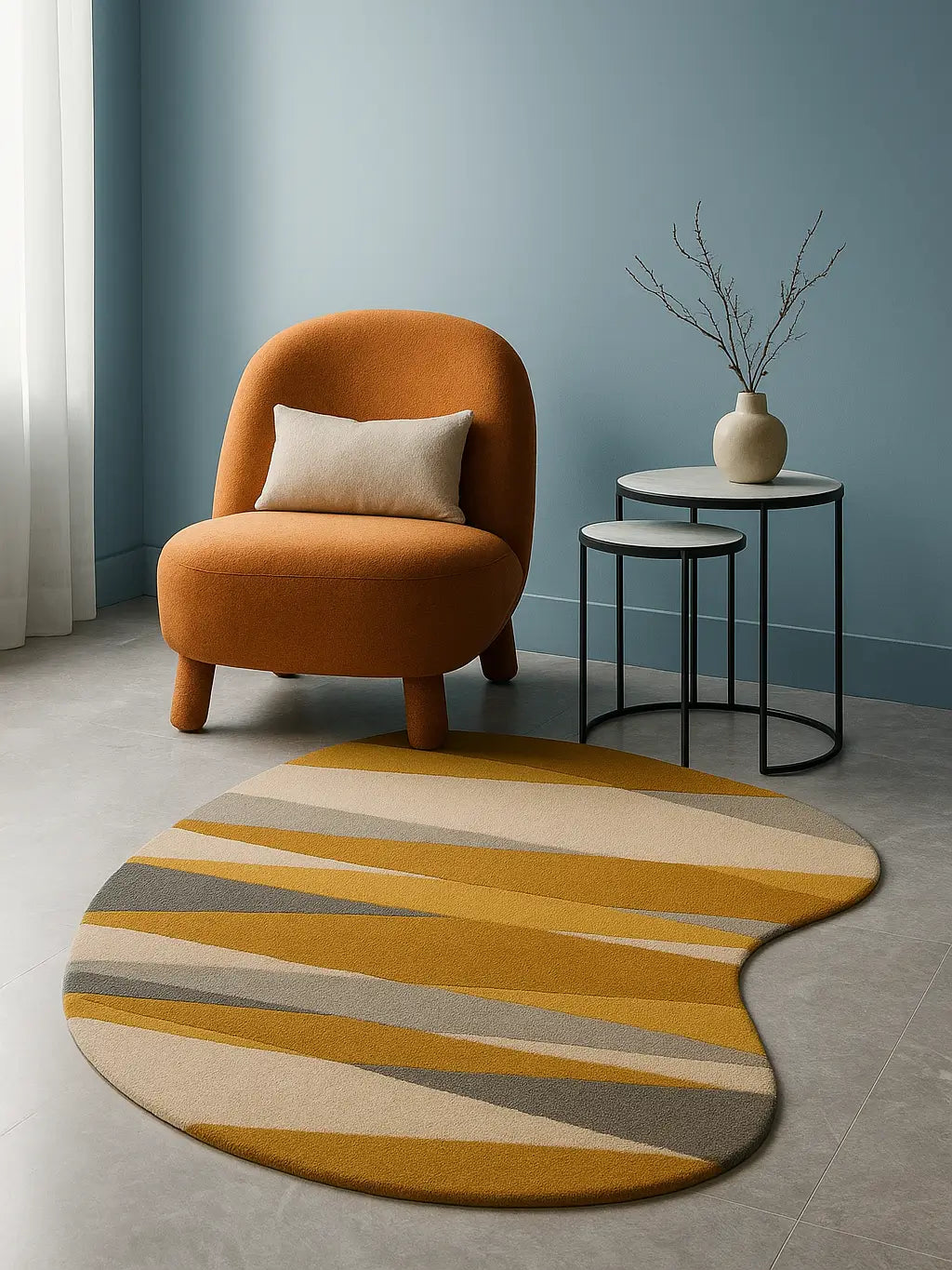 Orange armchair with a patterned shaped wool rug in a room with a blue wall.