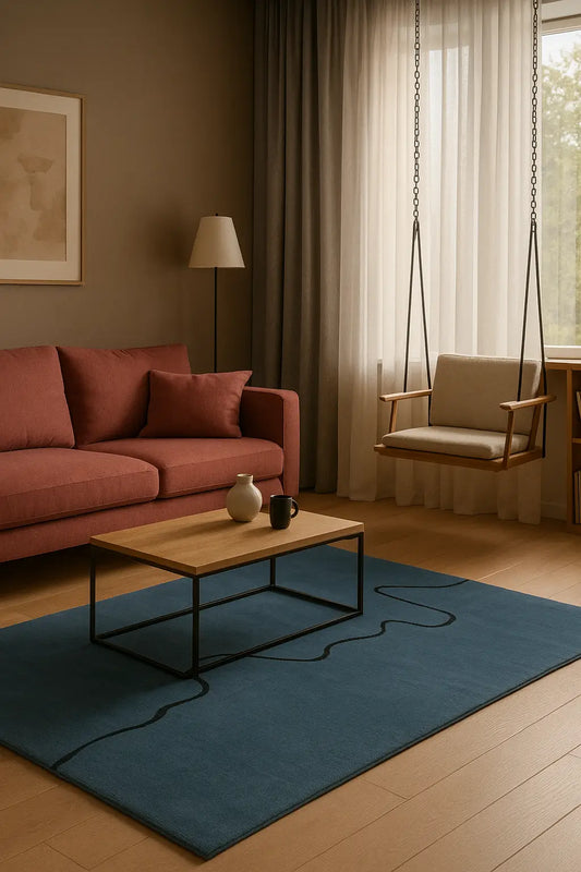 Living room with a modern minimalist handtufted rug, a red sofa, wooden coffee table, and swing by a window.