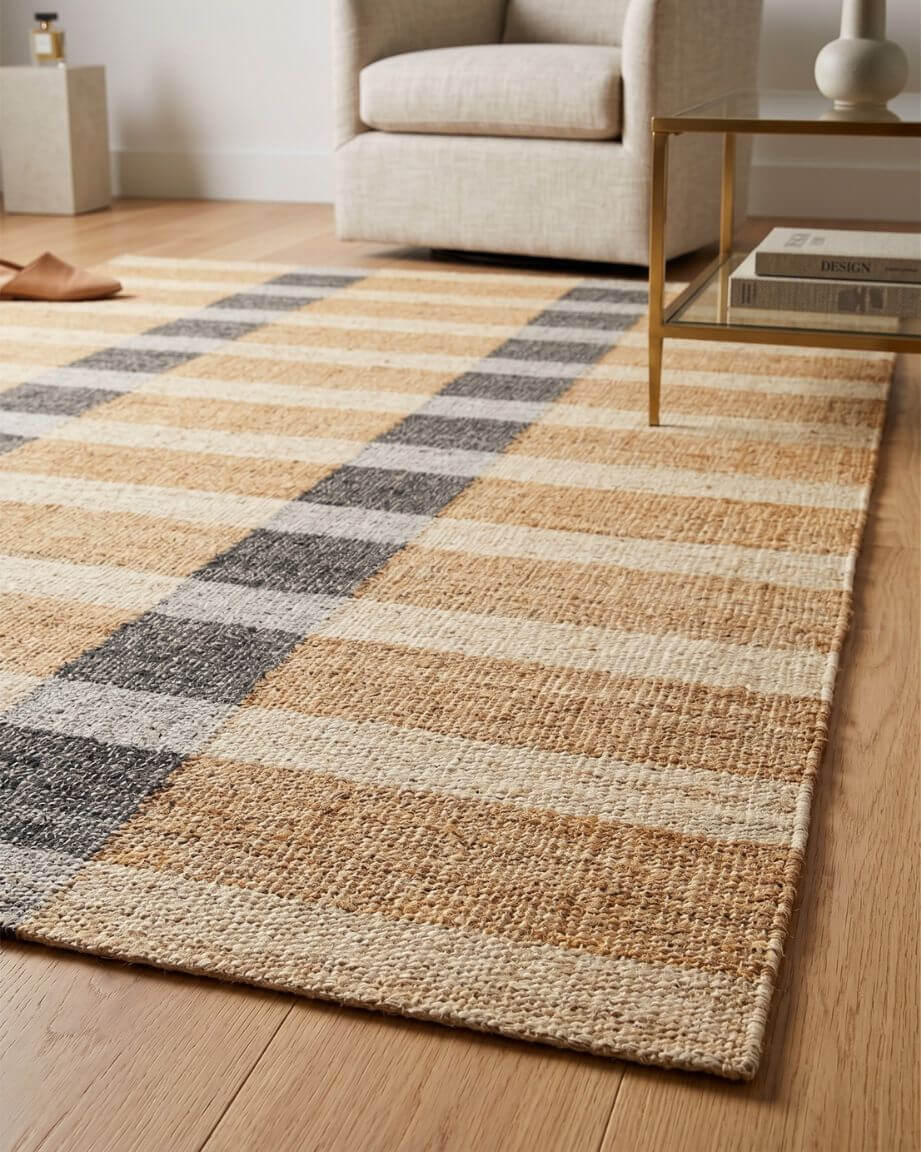 close up of hand woven jute area rug in living room