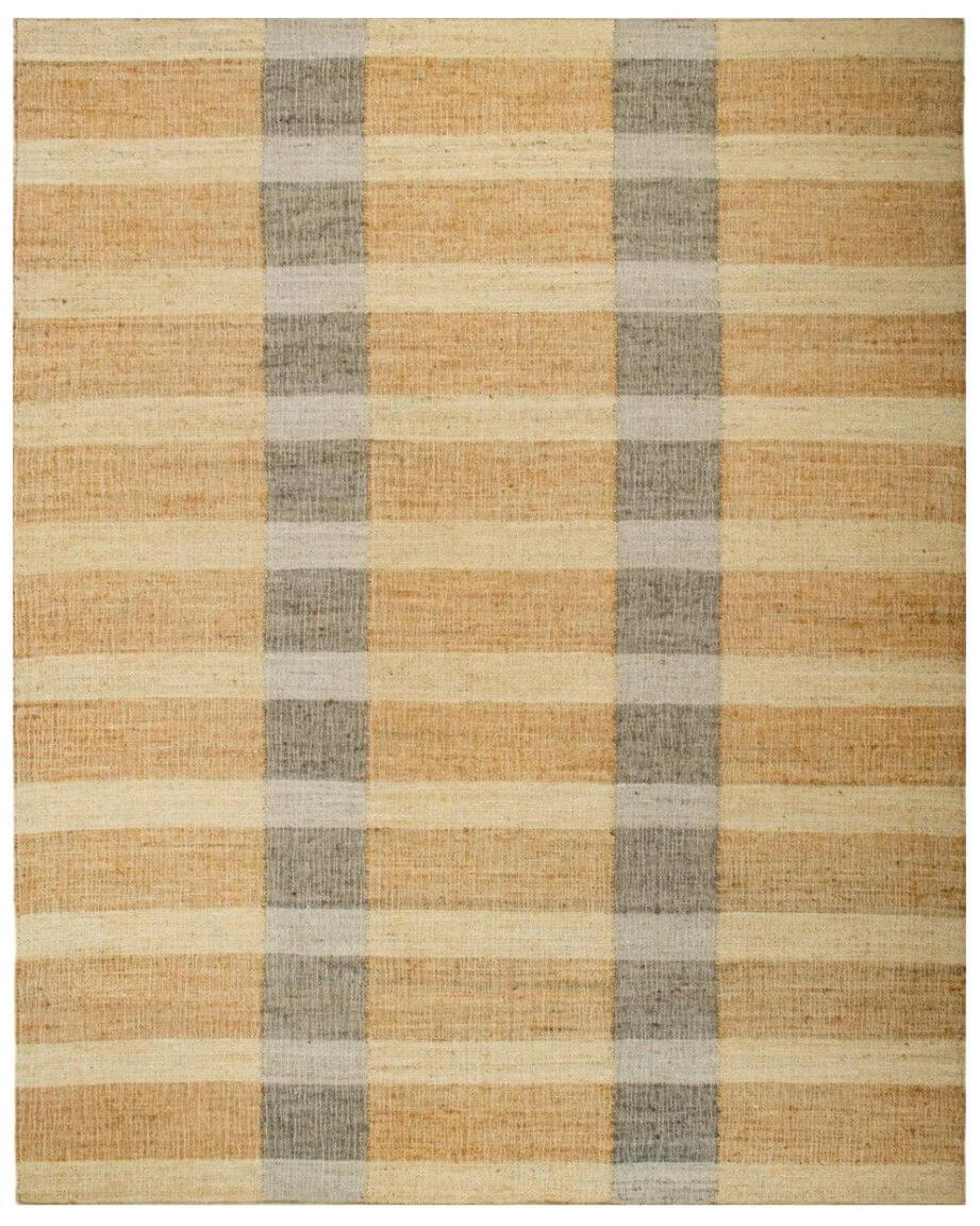 A rectangular jute area rug with a woven plaid pattern