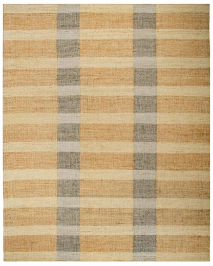 A rectangular jute area rug with a woven plaid pattern