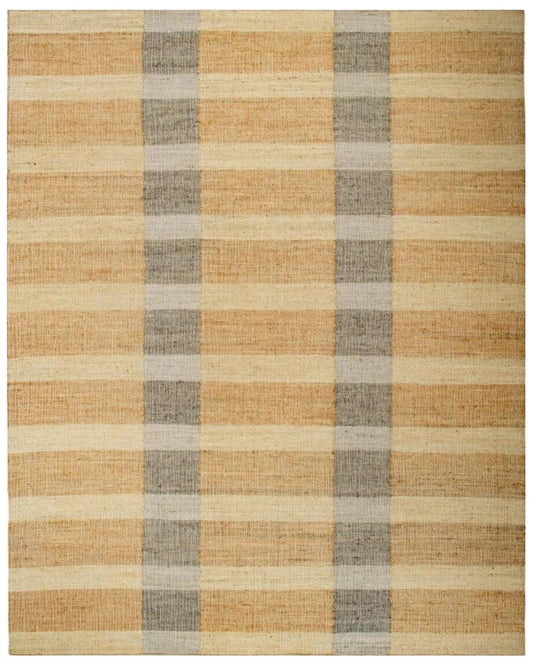 A rectangular jute area rug with a woven plaid pattern