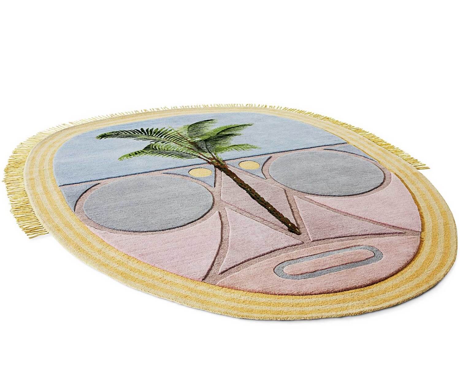 ovel shaped tufted wool rug with tropical palm tree design