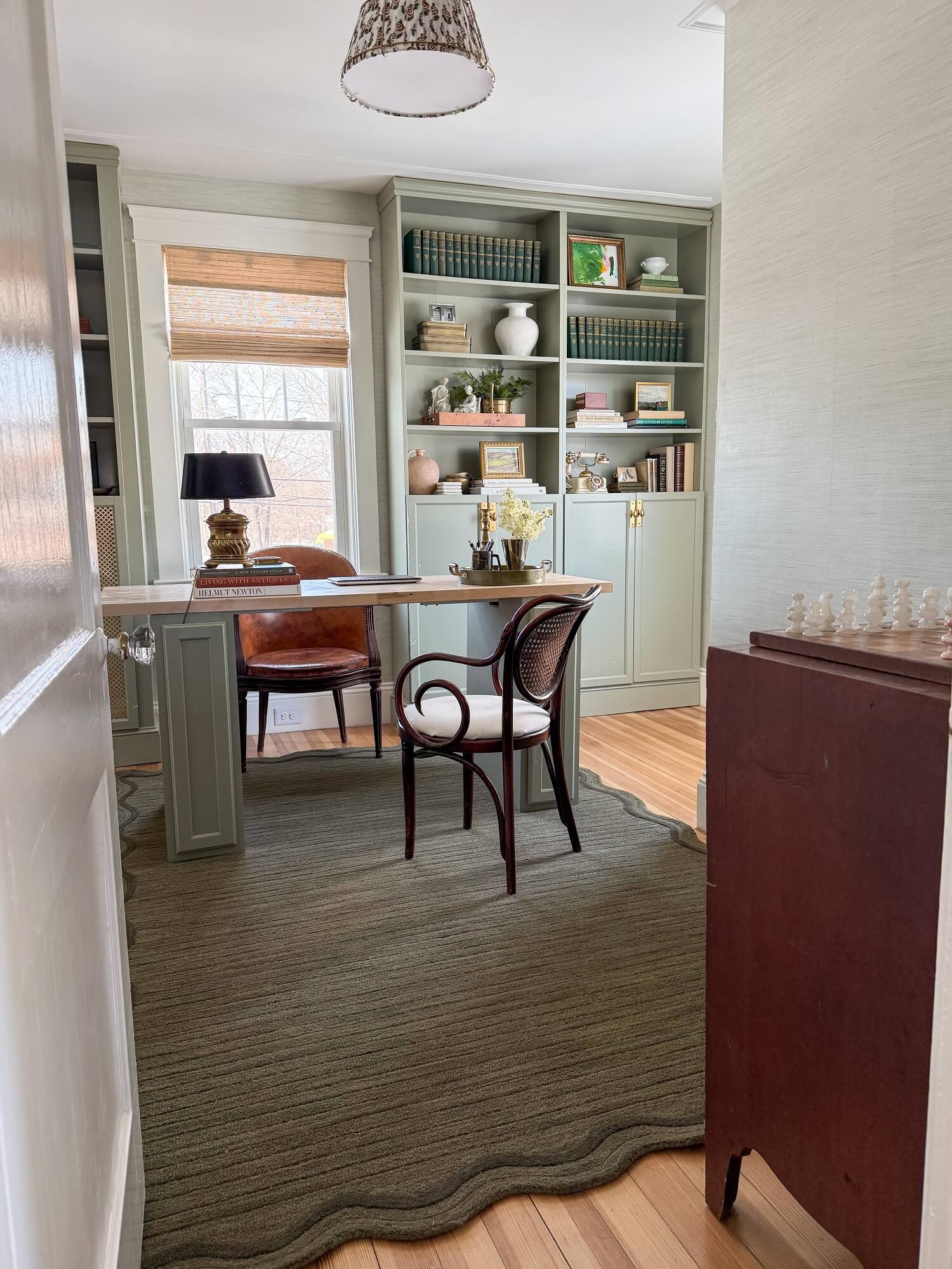 brown hand tufted wool rug in home office