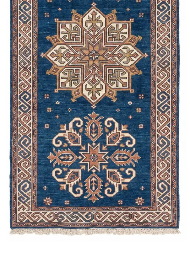 A traditional oriental-style runner rug with a deep blue field