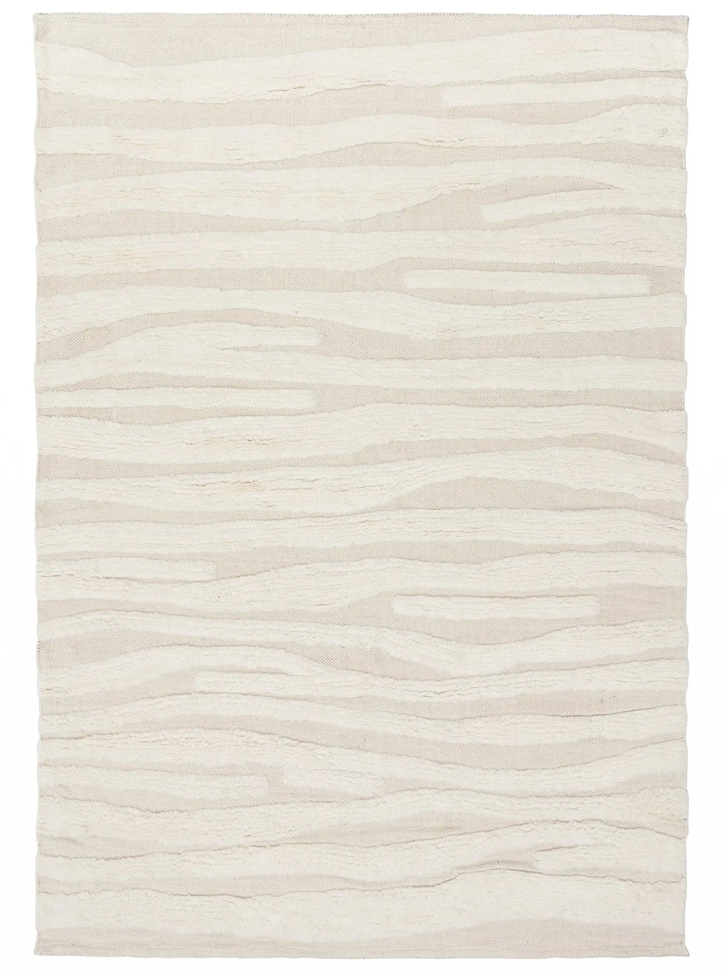 beige hand knotted wool rug with wave pattern