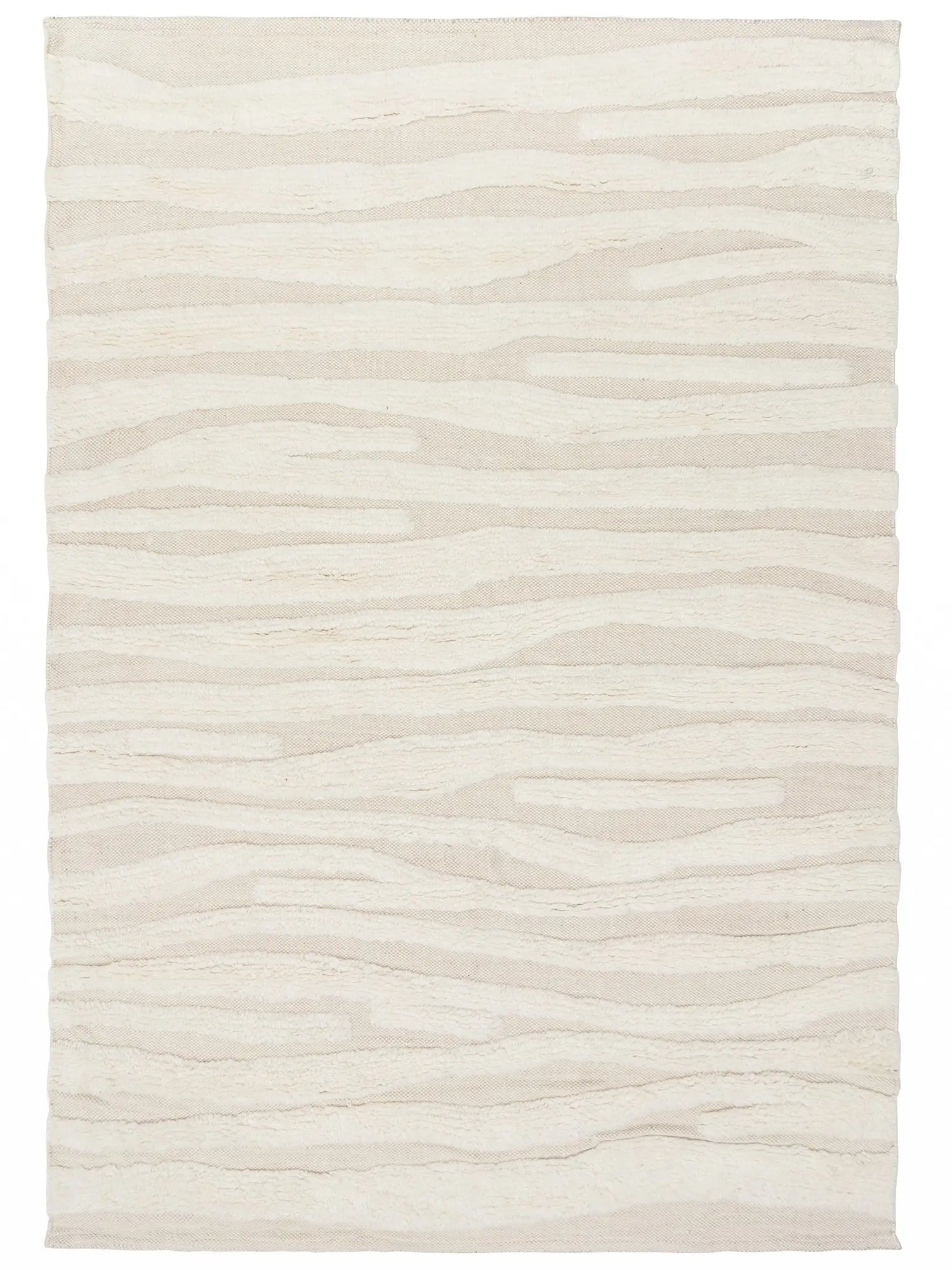 beige hand knotted wool rug with wave pattern