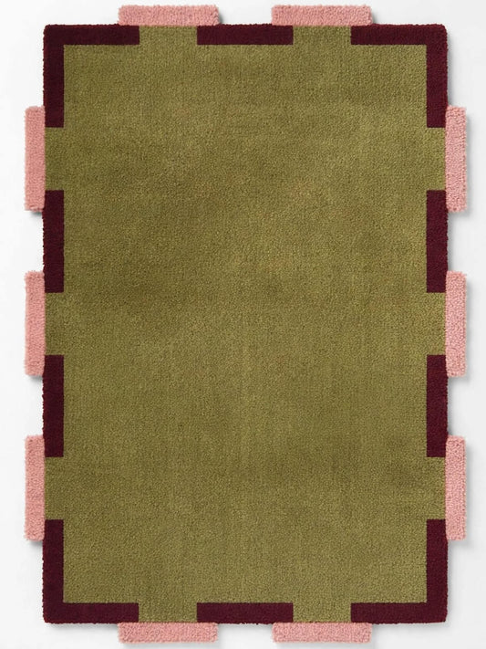 A rectangular area rug with a textured olive green center, burgundy inner border