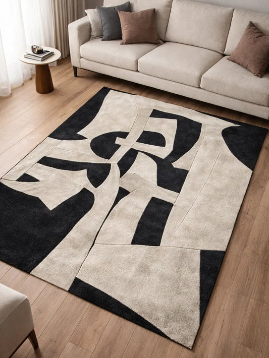 Abstract black and beige wool rug in living room