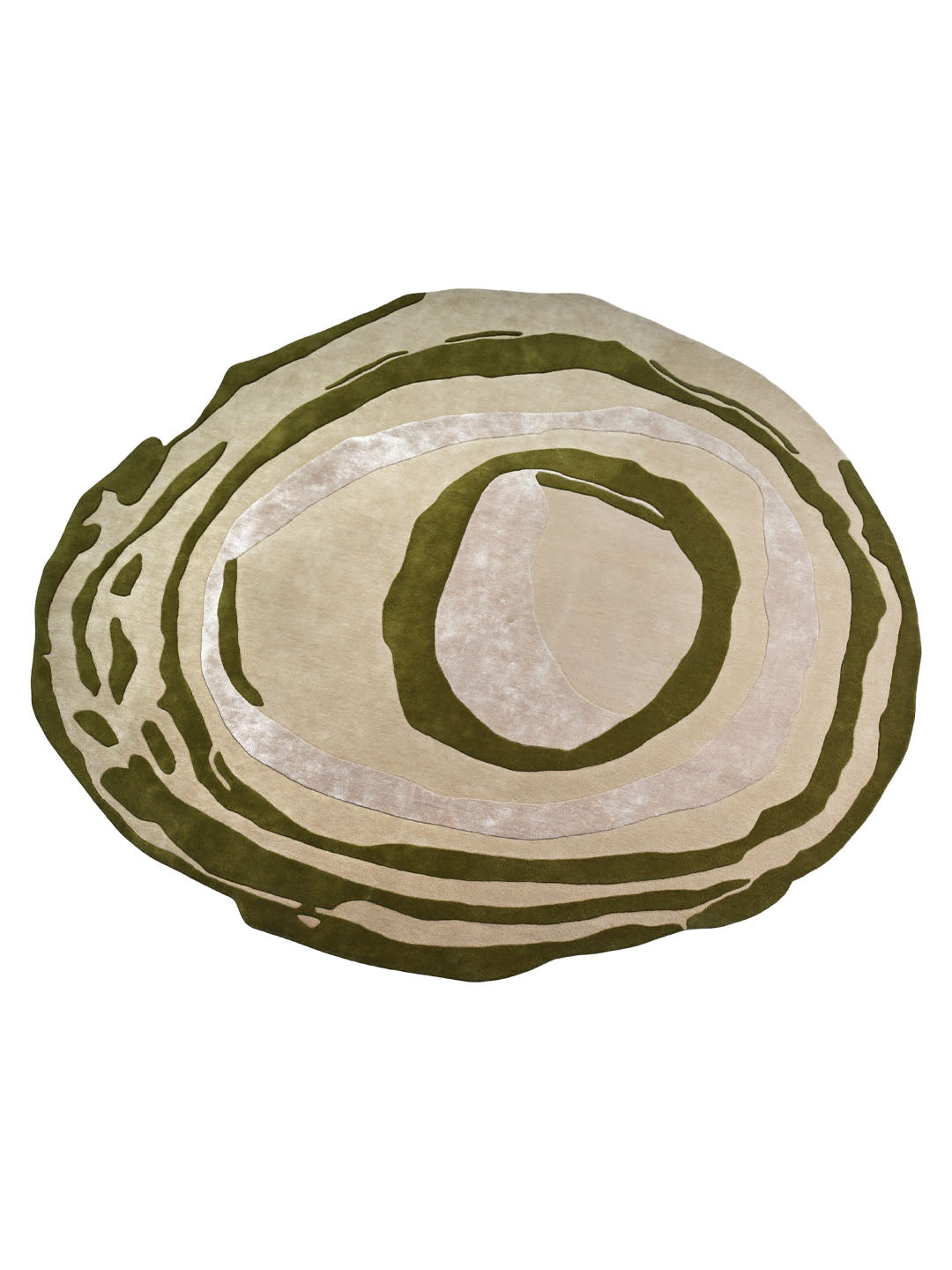 a round area rug with a layered, concentric design