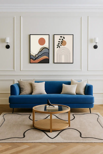 Modern living room with a modern hand tufted wool rug, blue sofa, wooden coffee table, and abstract wall art.