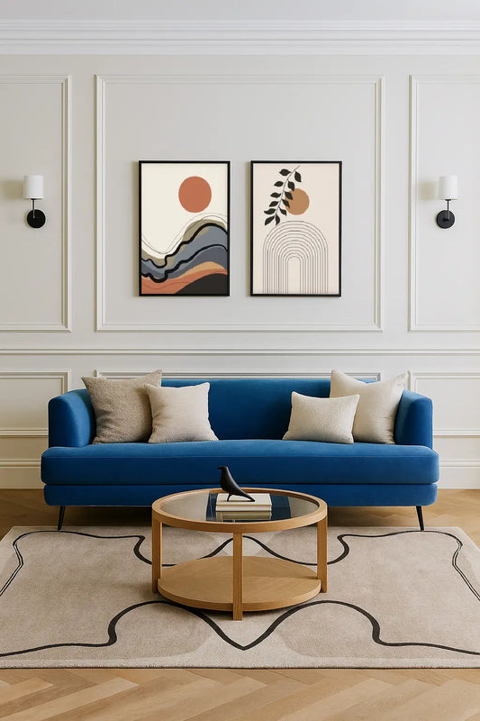 Modern living room with a modern hand tufted wool rug, blue sofa, wooden coffee table, and abstract wall art.