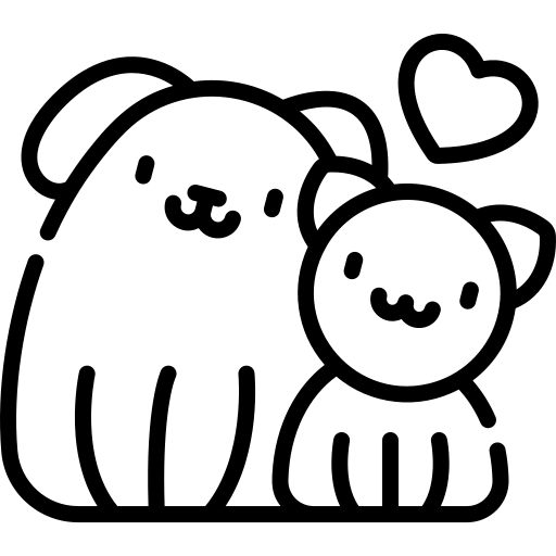 Illustration of a dog and a cat with hearts above them, pet friendly icon