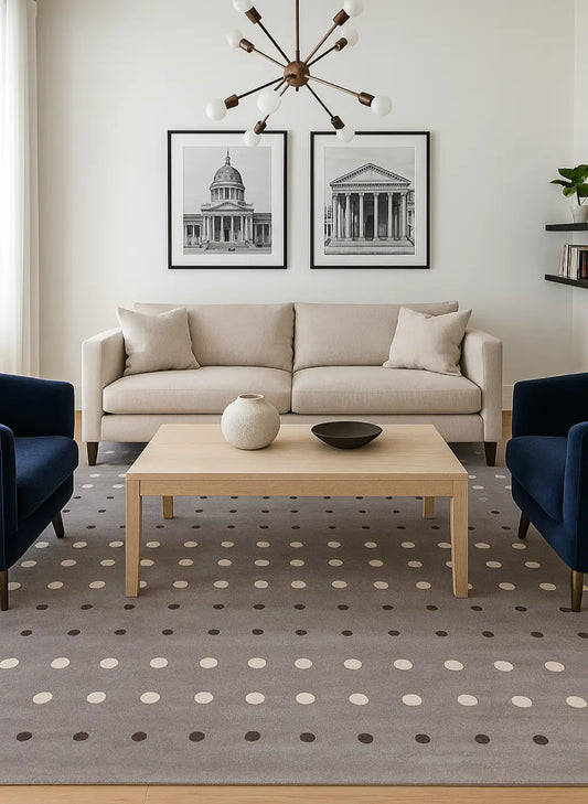 Modern living room with a polka dot rug, beige sofa, wooden coffee table.