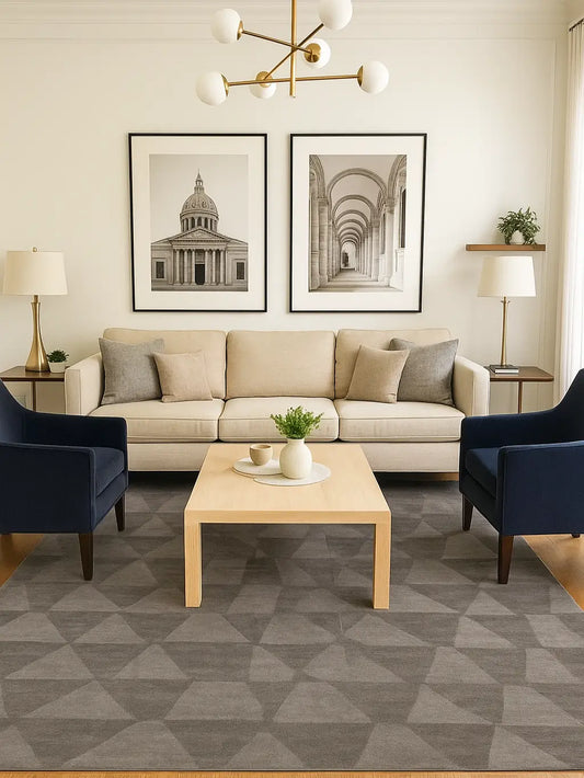 Modern living room with a modern grey hand tufted rug, a beige sofa, blue armchairs, and a wooden coffee table.