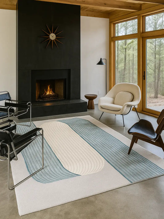 Modern living room with a modern striped design rug, fireplace and chairs.