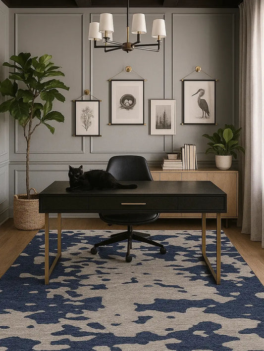 Modern home office with a Large Contemporary Wool Area Rug, black desk, chair, and framed pictures on the wall.